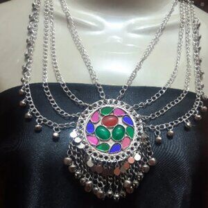 Ethnic Multilayers Bib Necklace, Tribal Silver Bib Necklace, Kuchi Boho Jewelry